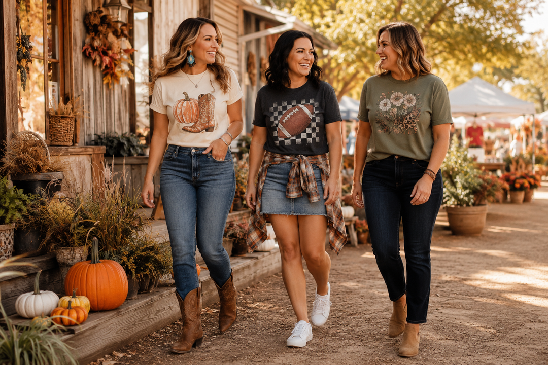 Three women wearing Western, football and floral fall graphic tees at a Texas fall market