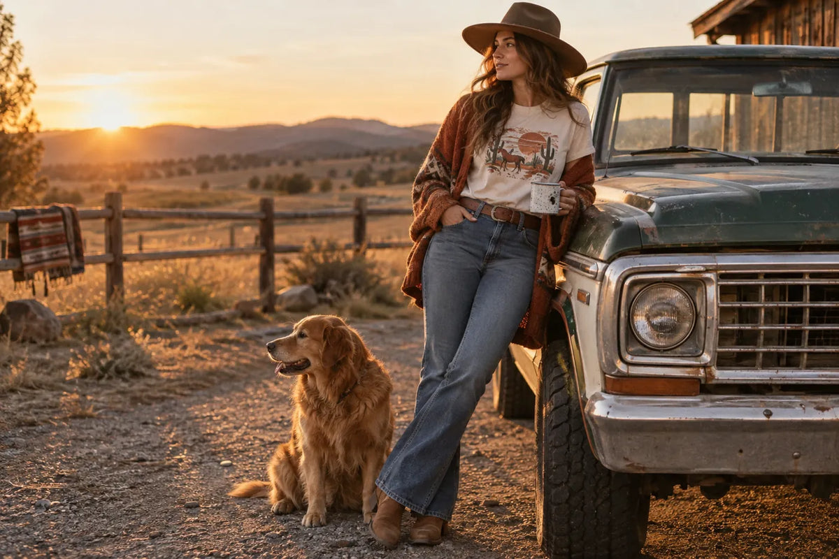Woman wearing an easy layered fall outfit with denim and boots beside a vintage truck