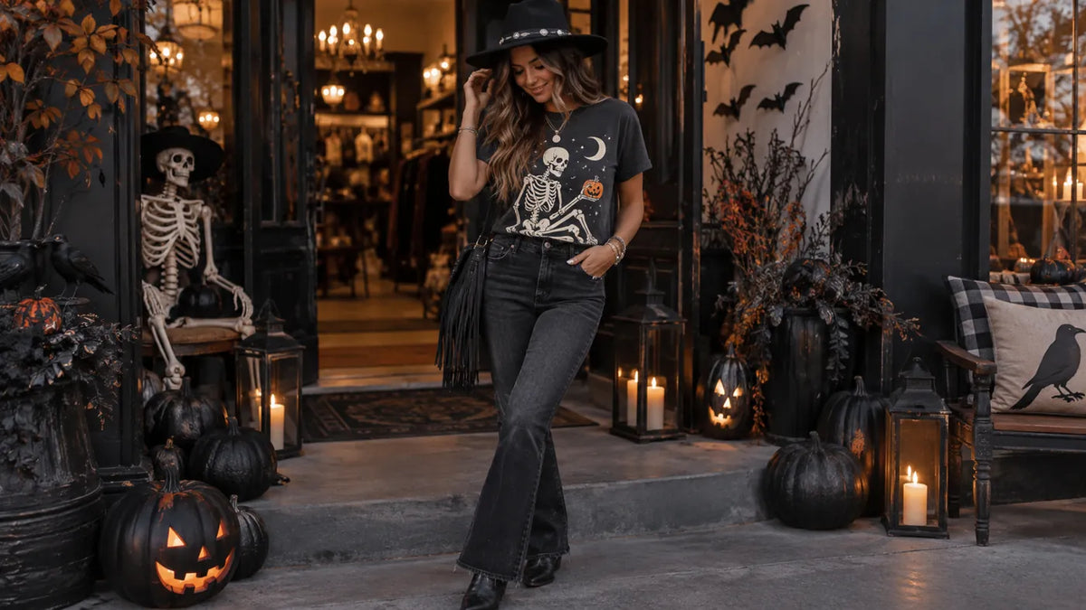 Woman in a Halloween graphic tee with dark denim and boots beside chic black-and-orange fall decor