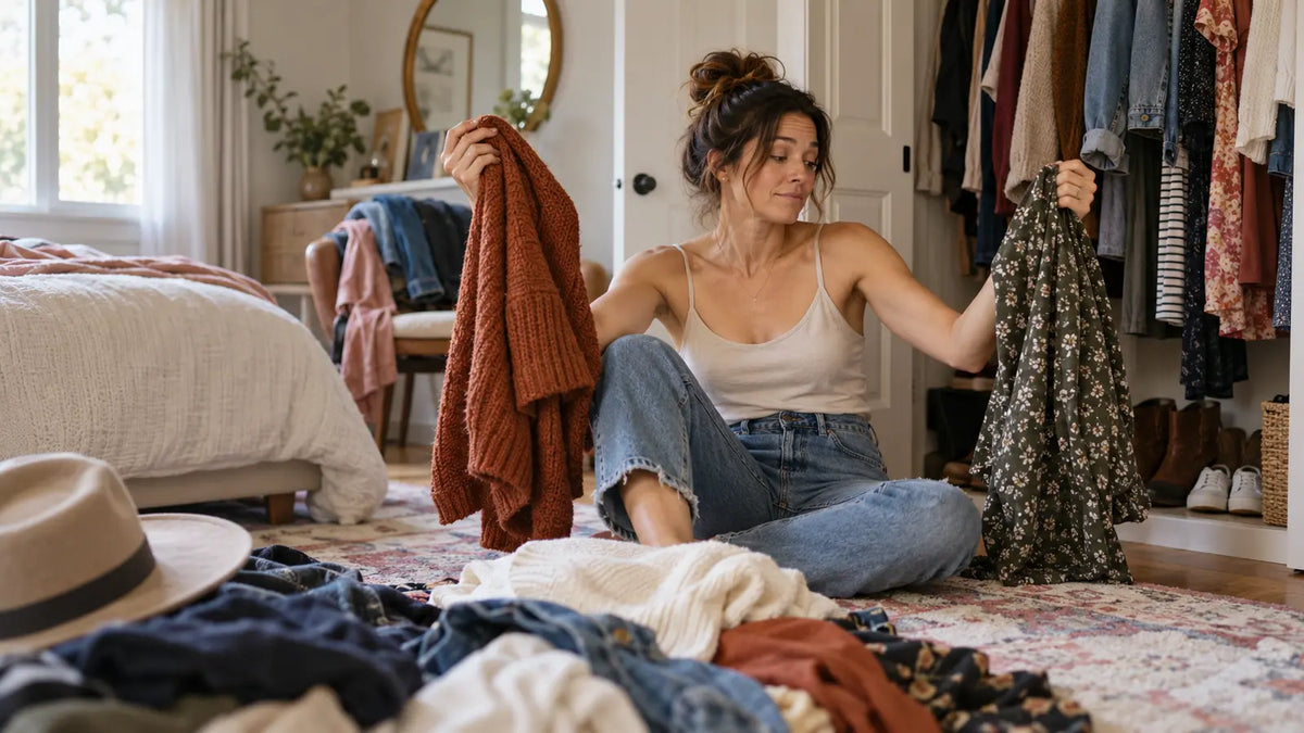 Woman choosing between fall outfits beside a full closet when she feels like she has nothing to wear