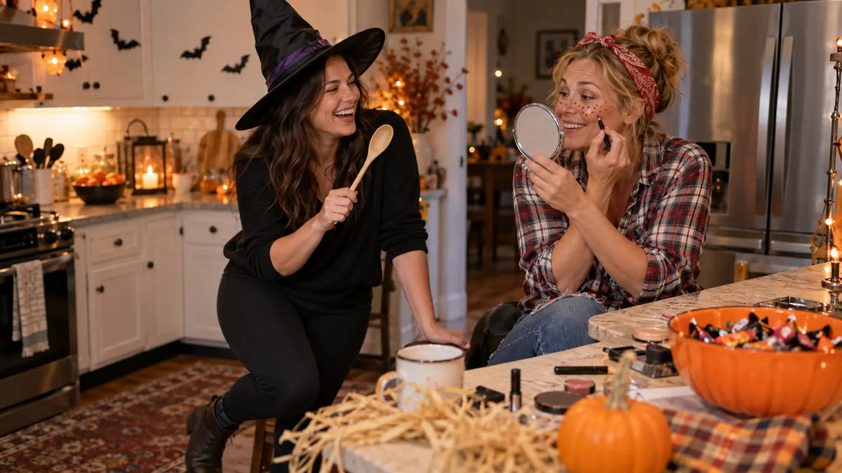 Two friends laugh while creating easy witch and scarecrow Halloween costumes in a kitchen