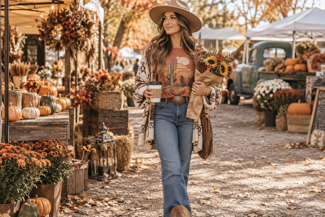 Woman in a fall graphic tee, denim and boots shopping at an autumn market