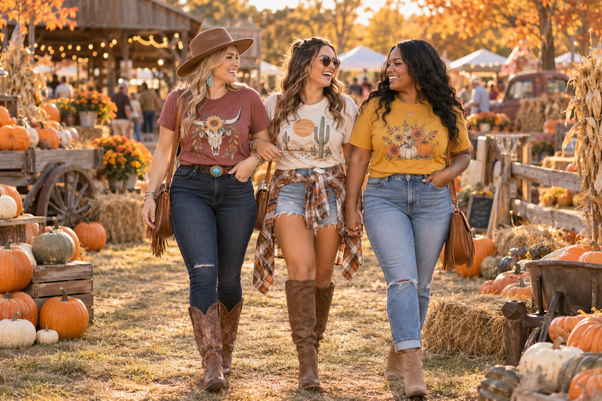 Three women wearing fall graphic tees, denim, and boots while walking through a sunny pumpkin patch and fall festival.