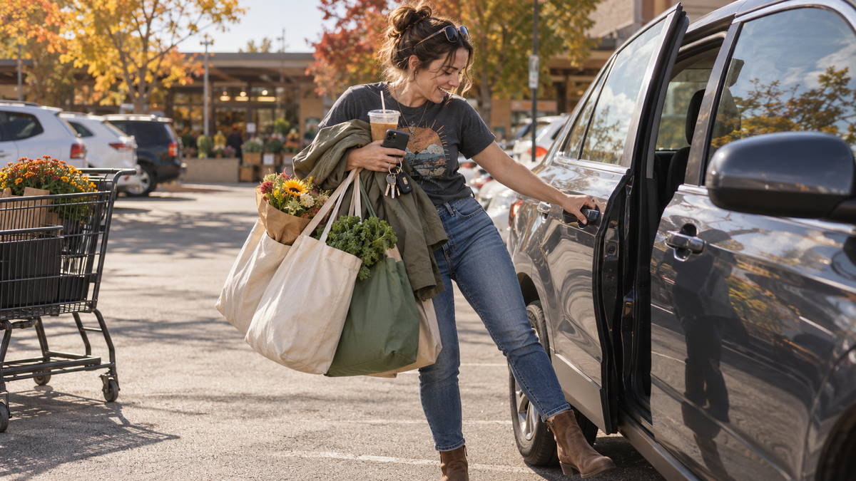 Woman using the viral girl grip to carry shopping bags, coffee, phone, keys and a jacket beside her car