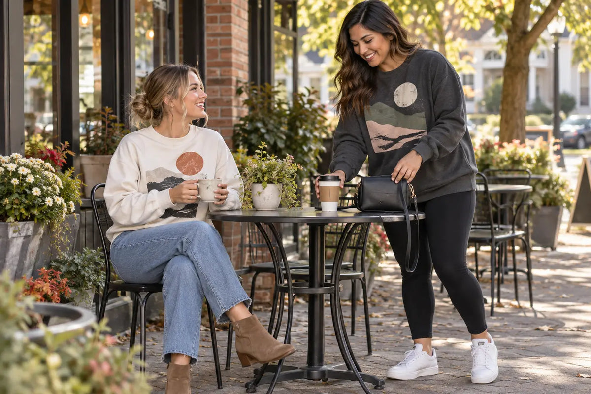 Two women wearing relaxed sweatshirts with jeans and leggings at an outdoor café