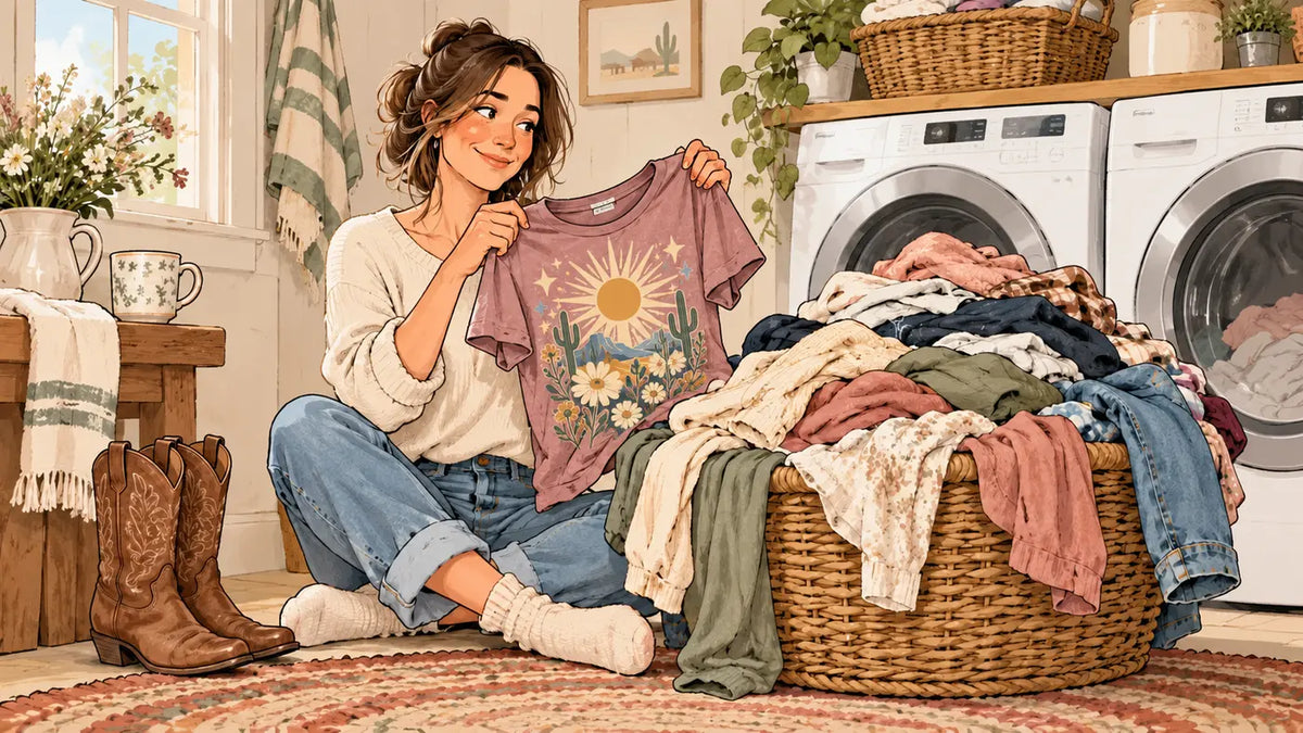 Cartoon woman holding a shirt with a large sun, cactus and wildflower print beside an overflowing laundry basket.