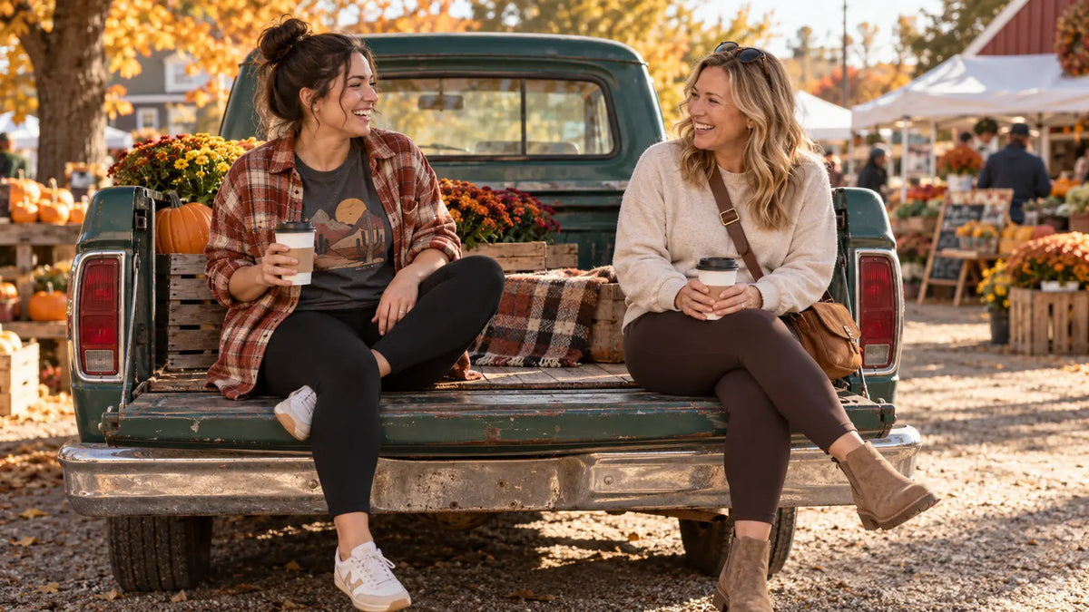 Two women in leggings share coffee and laugh on a vintage truck at a fall farmers market