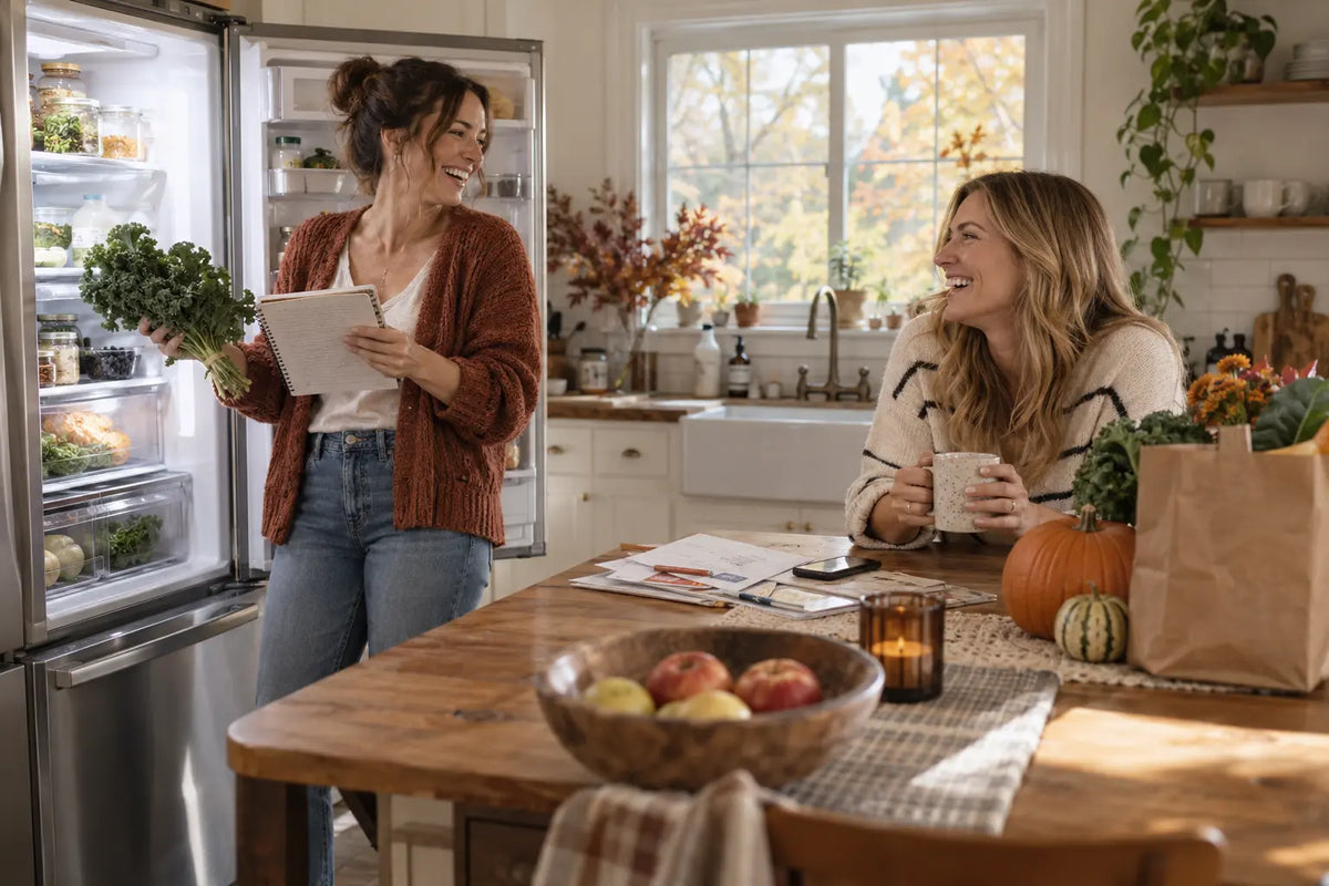 Women laughing over an ambitious October reset plan in a cozy fall kitchen