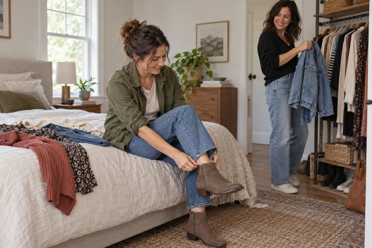 Woman in jeans and an olive jacket fastening an ankle boot while a friend chooses a denim jacket