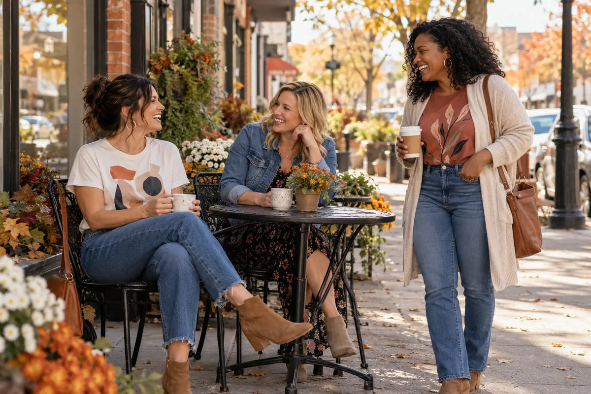 Women wearing layered casual fall outfits for changing temperatures at an outdoor café