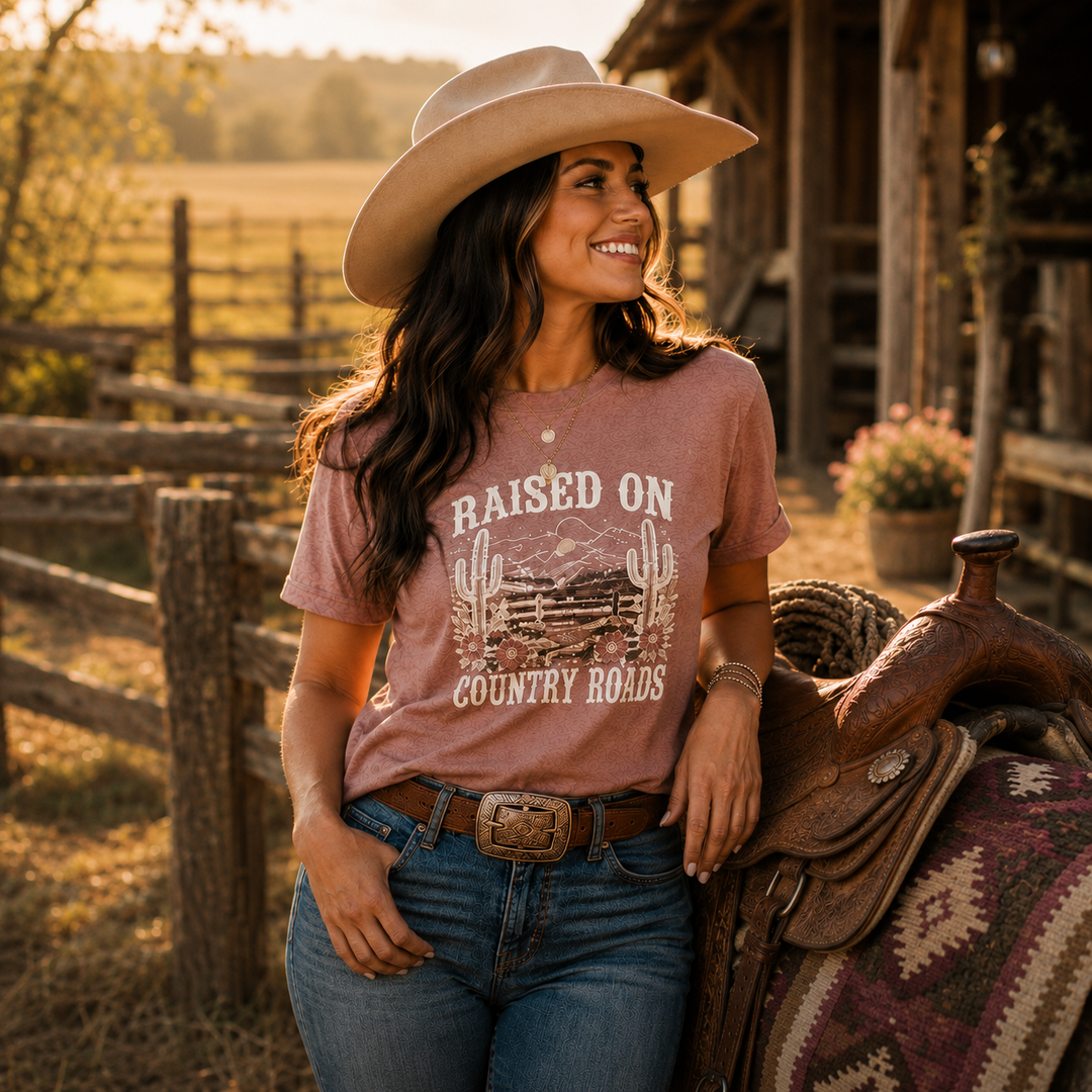 Woman in a Raised on Country Roads Western graphic tee at a golden-hour Texas ranch