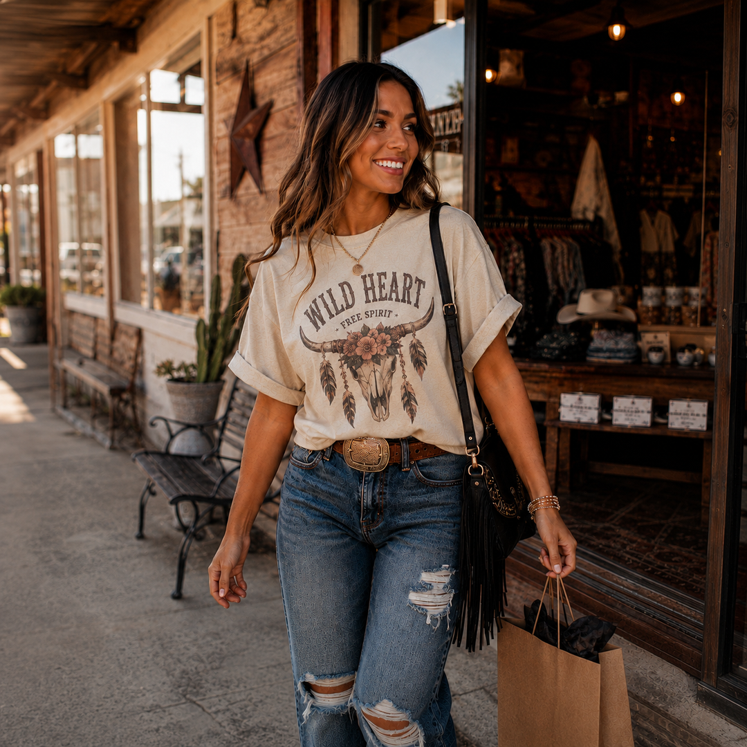 Woman wearing a Western graphic tee while shopping outside a rustic boutique
