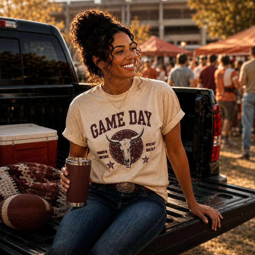 Woman in a Game Day graphic tee at a fall football tailgate