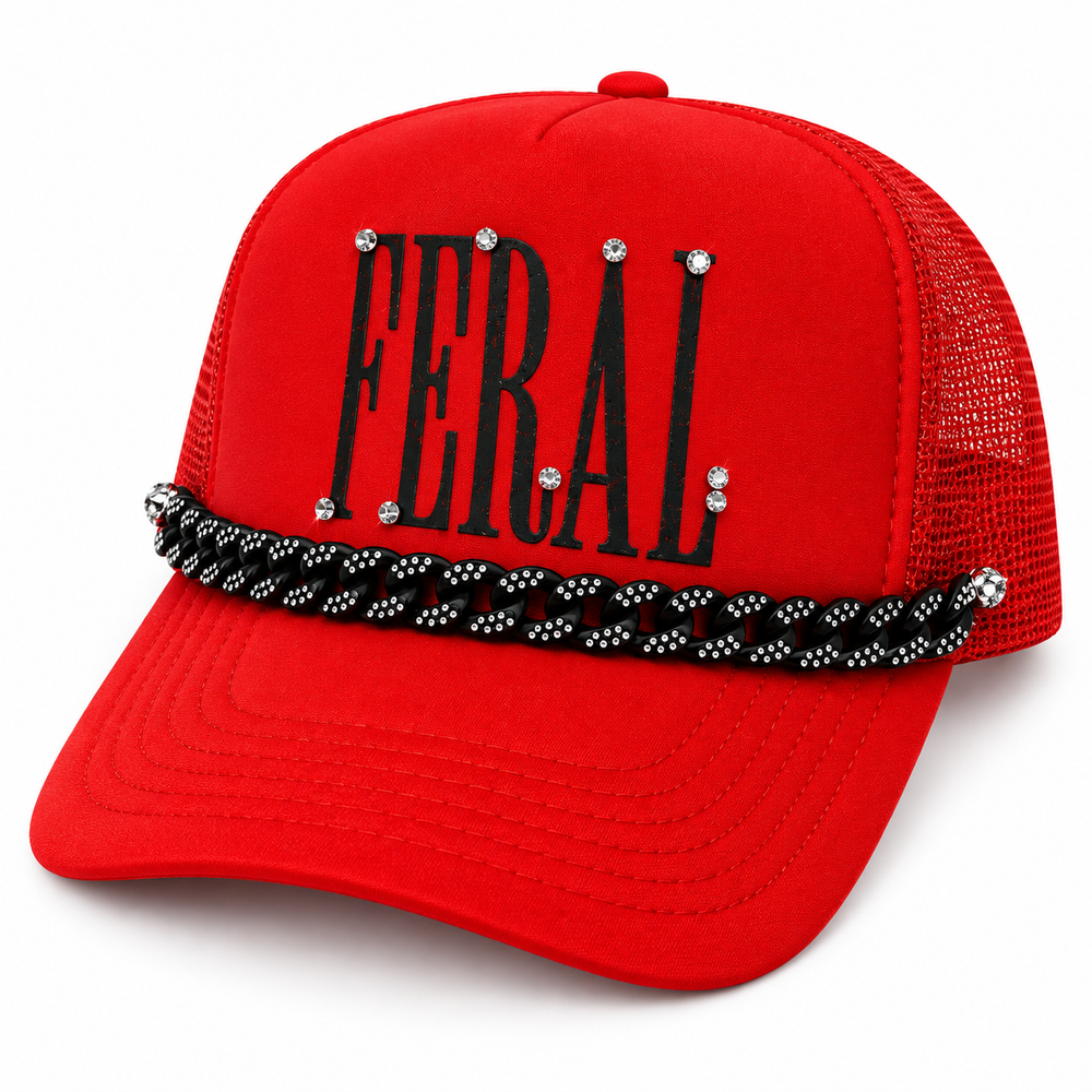 Feral and Diamonds red trucker hat on white
