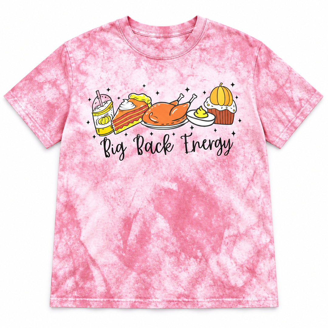 Big Back Energy pink graphic tee lay-flat on white