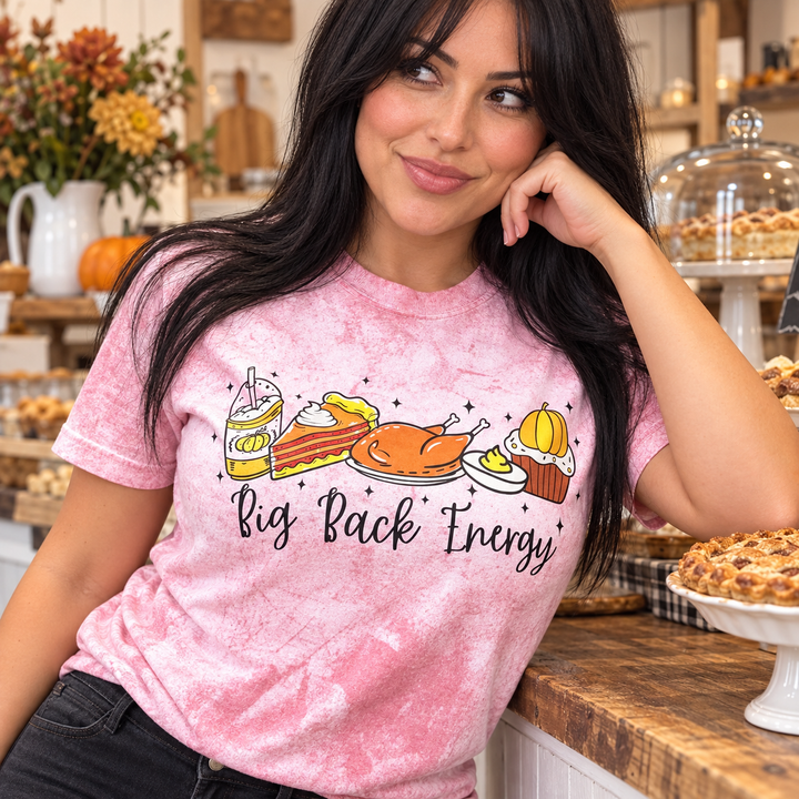 Big Back Energy pink graphic tee close-up portrait