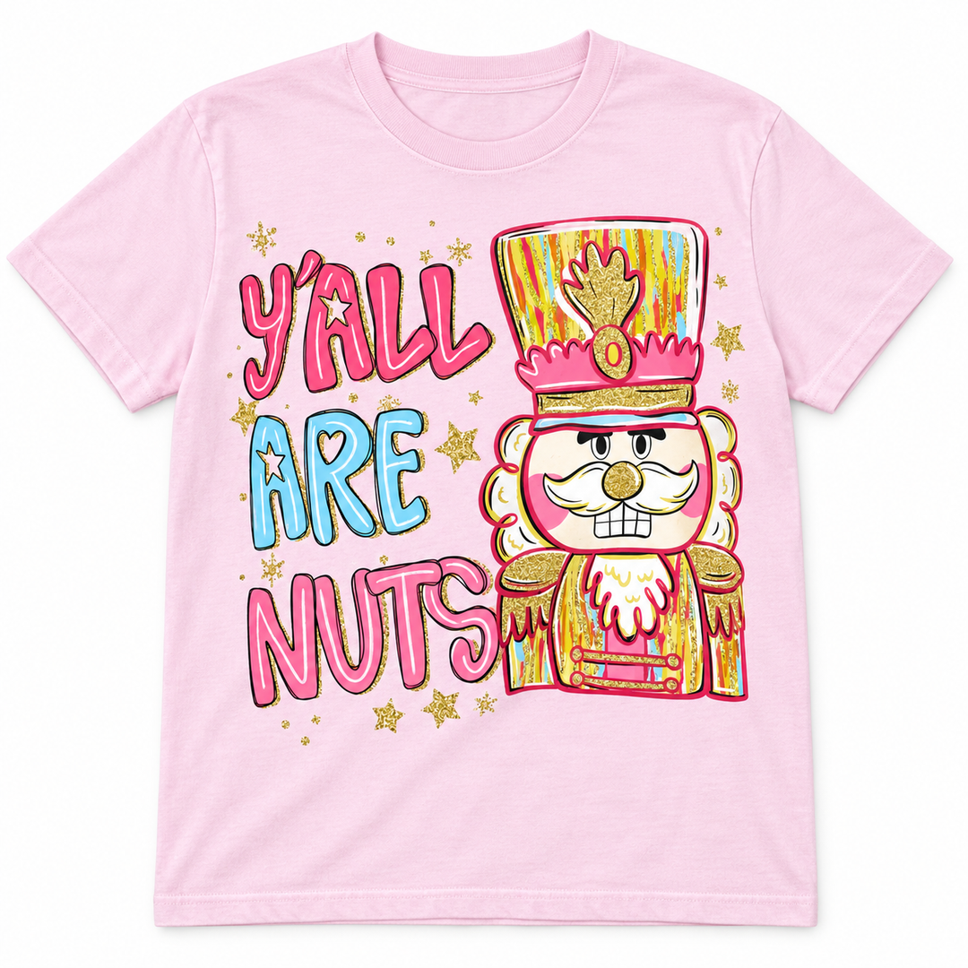Y’all Are Nuts Blossom graphic tee lay-flat on white