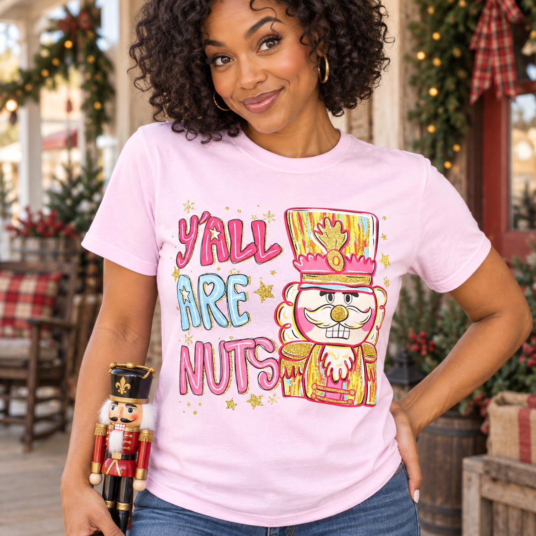 Y’all Are Nuts Blossom graphic tee close-up portrait