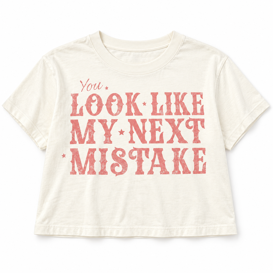 My Next Mistake ivory crop tee lay-flat on white