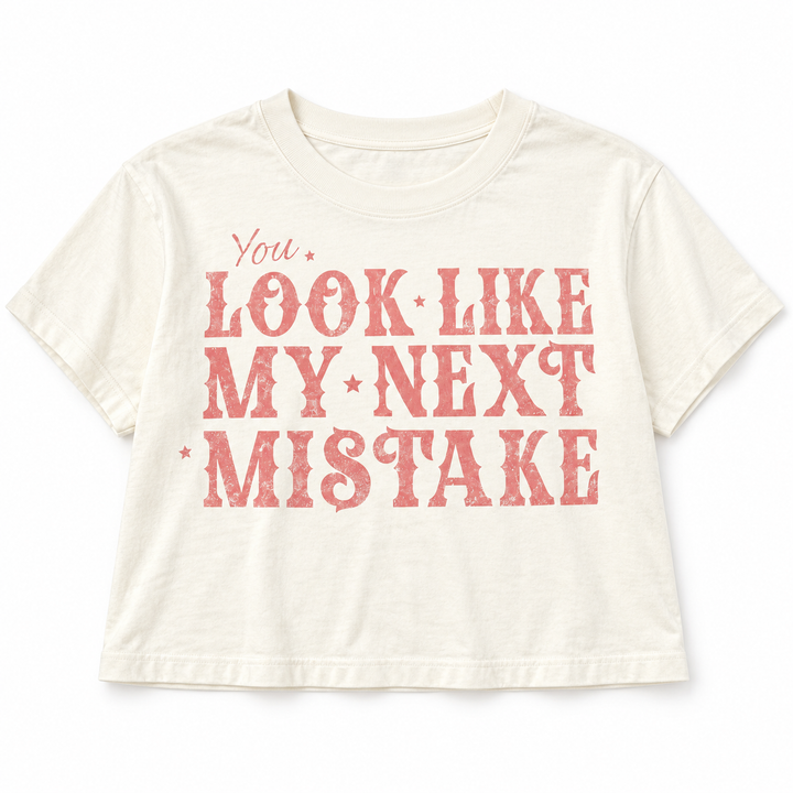 My Next Mistake ivory crop tee lay-flat on white