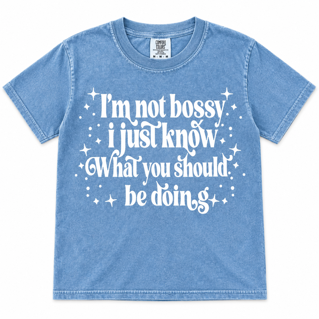 I’m Not Bossy washed denim graphic tee lay-flat on white
