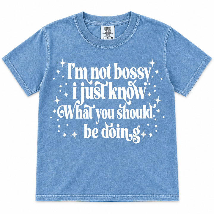 I’m Not Bossy washed denim graphic tee lay-flat on white