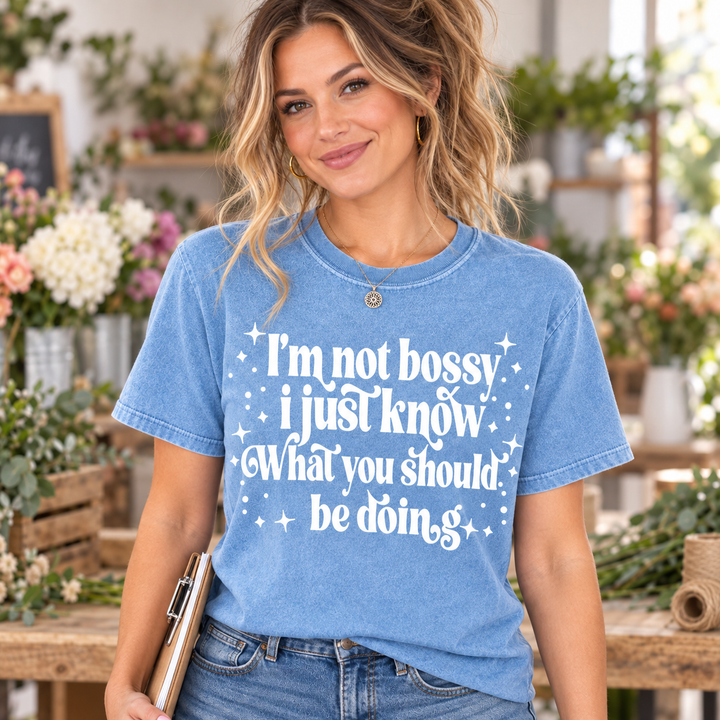 I’m Not Bossy washed denim graphic tee close-up portrait