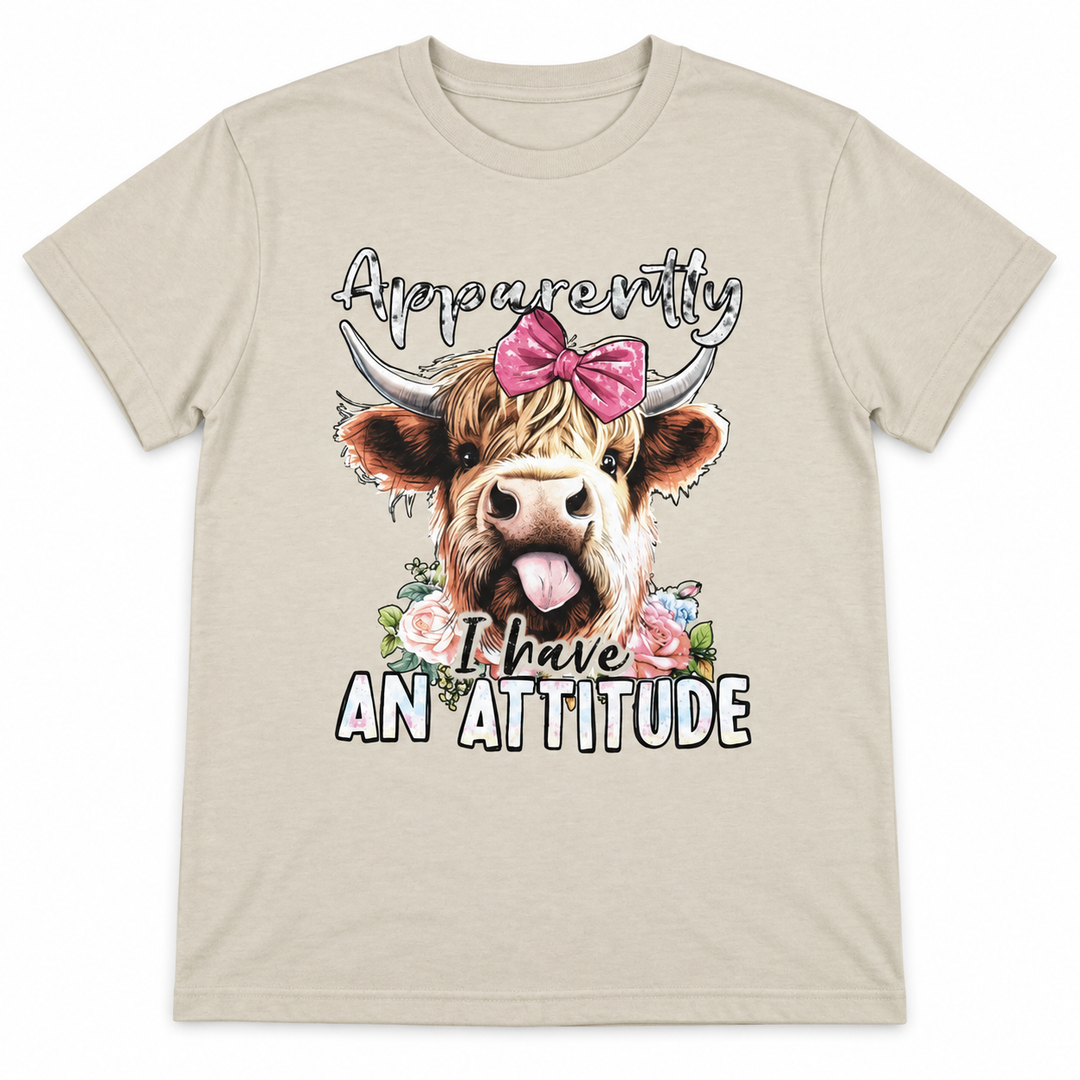 Apparently I Have an Attitude Highland cow tee lay-flat on white
