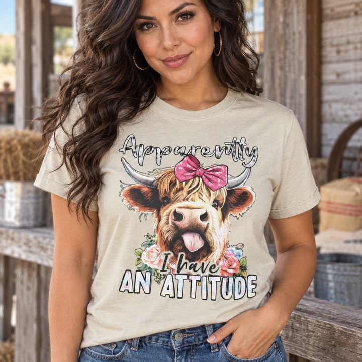 Apparently I Have an Attitude tee new-model close-up portrait