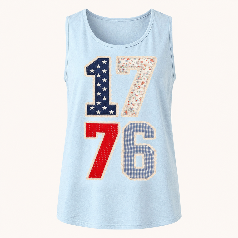1776 lace pattern chambray patriotic graphic tank, front product view