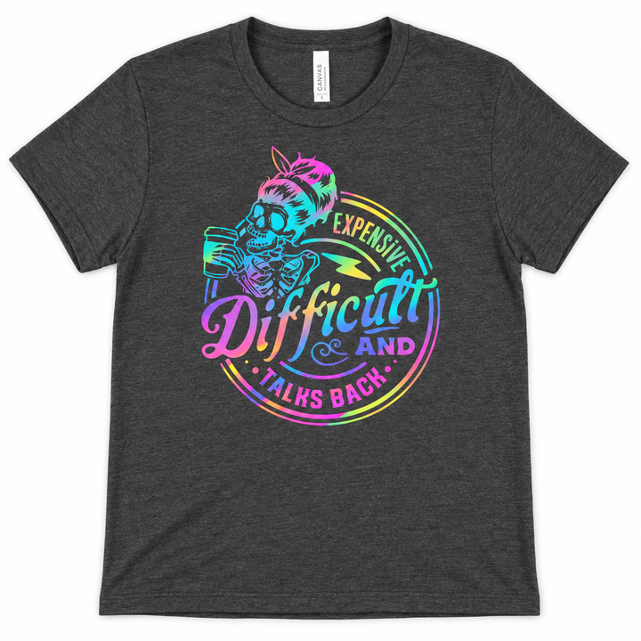 Expensive Difficult and Talks Back graphic tee lay-flat on white