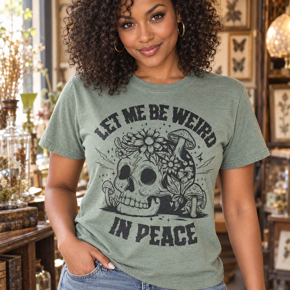 Let Me Be Weird in Peace tee new-model close-up portrait