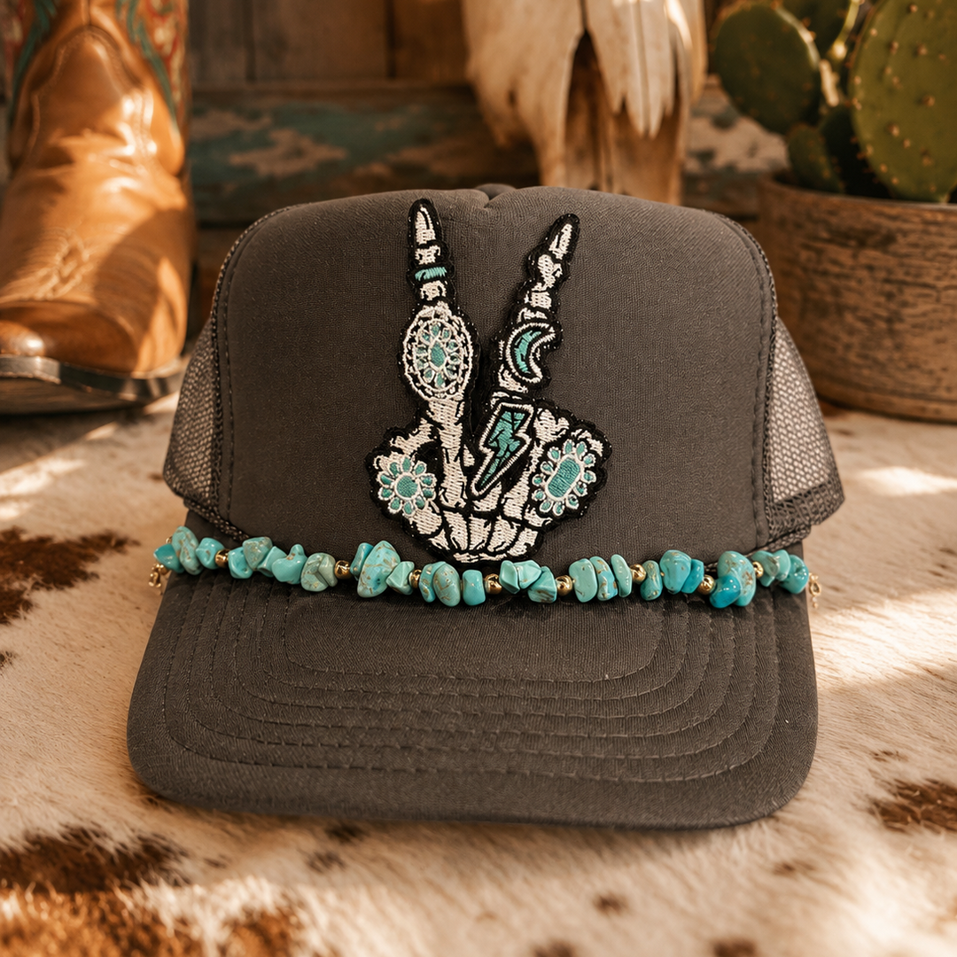 Skeleton Peace Sign and Gems Trucker Hat Envy Stylz Boutique