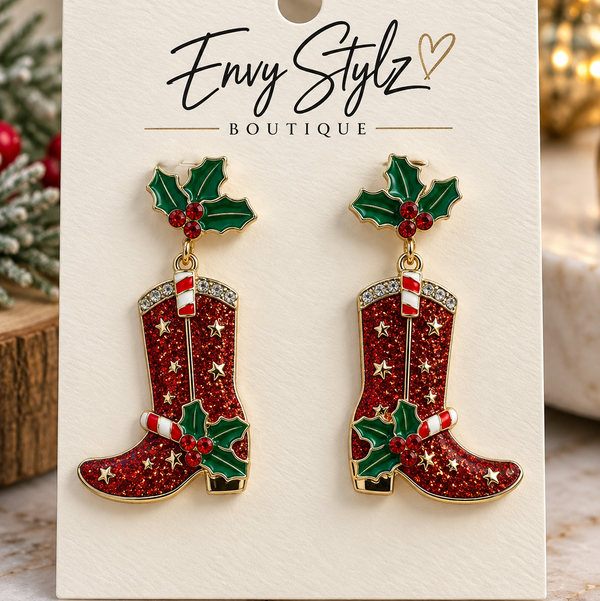 Christmas cowgirl boot statement earrings with red glitter, holly and candy cane details