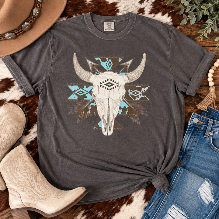 Blue Aztec Bull Skull Pepper Western Graphic Tee