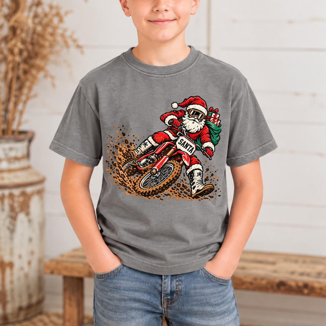 Boys Dirt Bike Santa Graphic Tee in gray