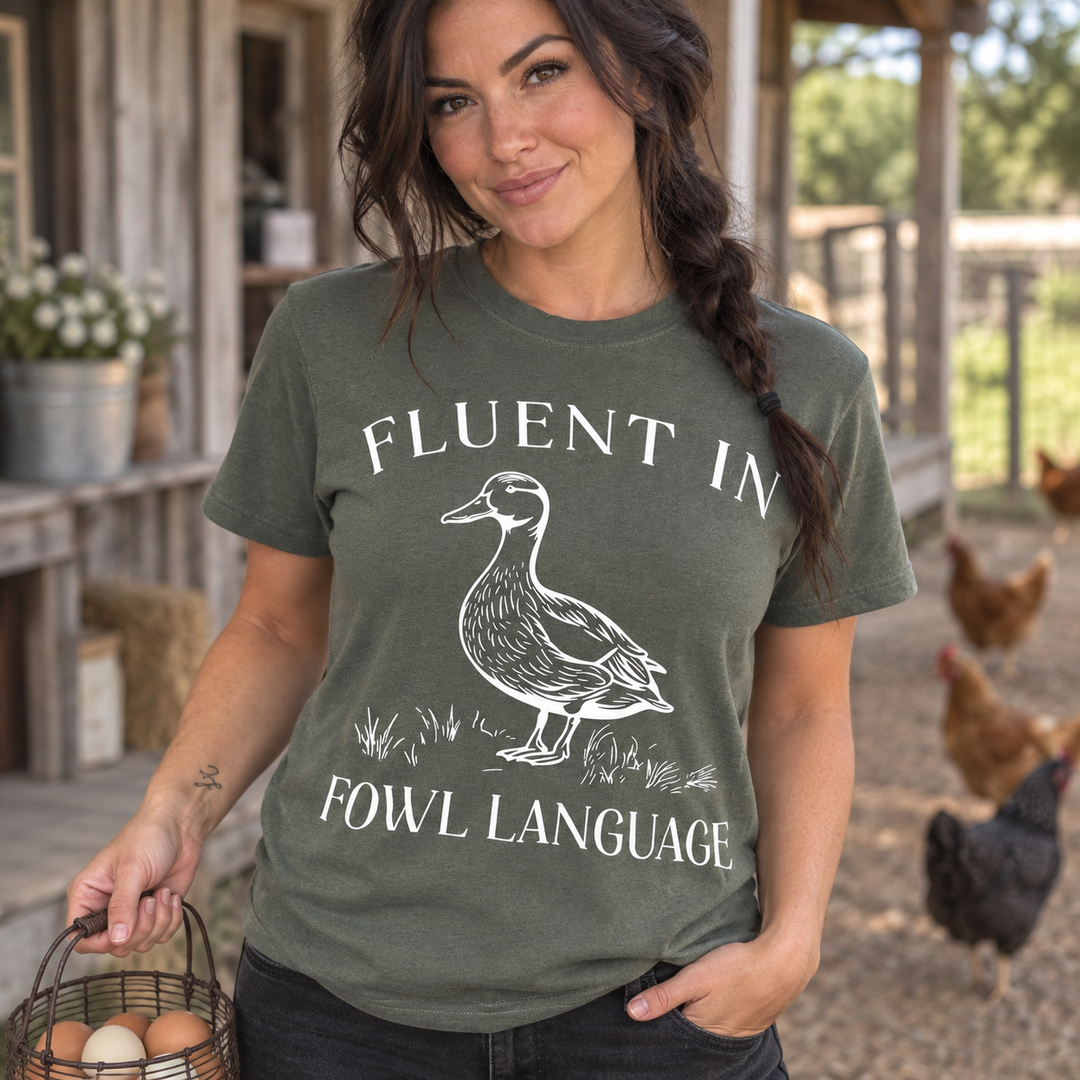 Fluent in Fowl Language tee close-up portrait