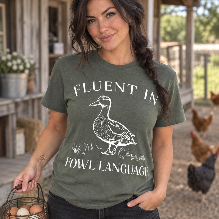 Fluent in Fowl Language tee close-up portrait