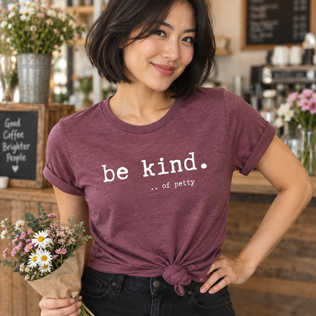 Be Kind of Petty tee close-up portrait