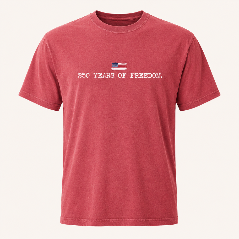 250 Years of Freedom crimson patriotic graphic tee, front product view