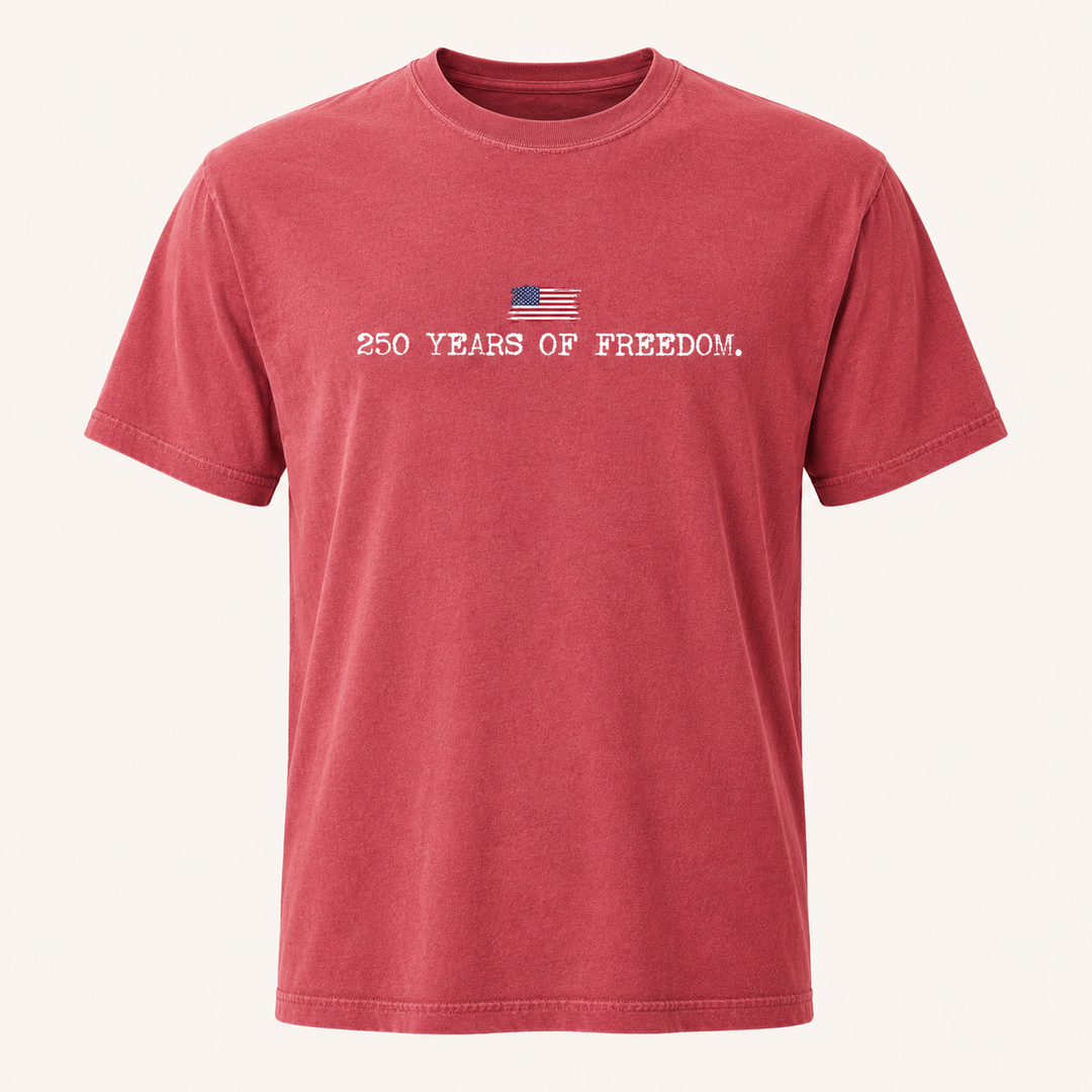 250 Years of Freedom crimson patriotic graphic tee, front product view