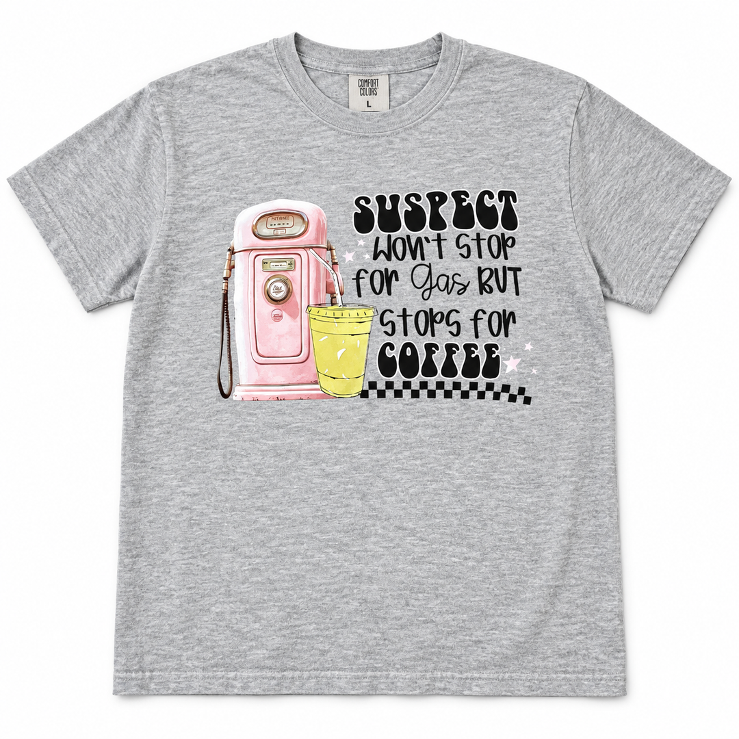 Stops for Coffee tee lay-flat on white