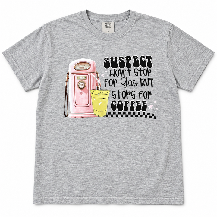 Stops for Coffee tee lay-flat on white
