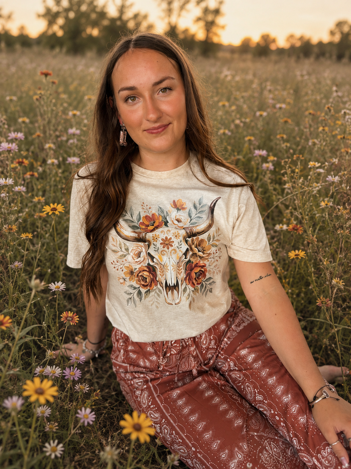 Floral Fall Bull Skull  Graphic Tee Envy Stylz Boutique