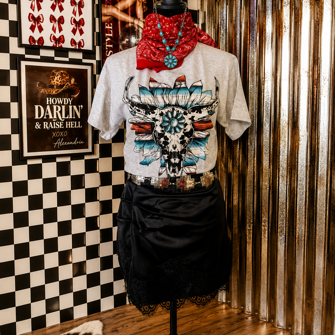 Cow Print Serape Turquoise Bullskull Flower Graphic Tee Envy Stylz Boutique