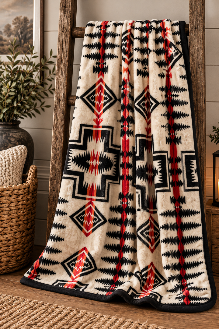 Tan and Red Aztec Oversized Blanket 82x90