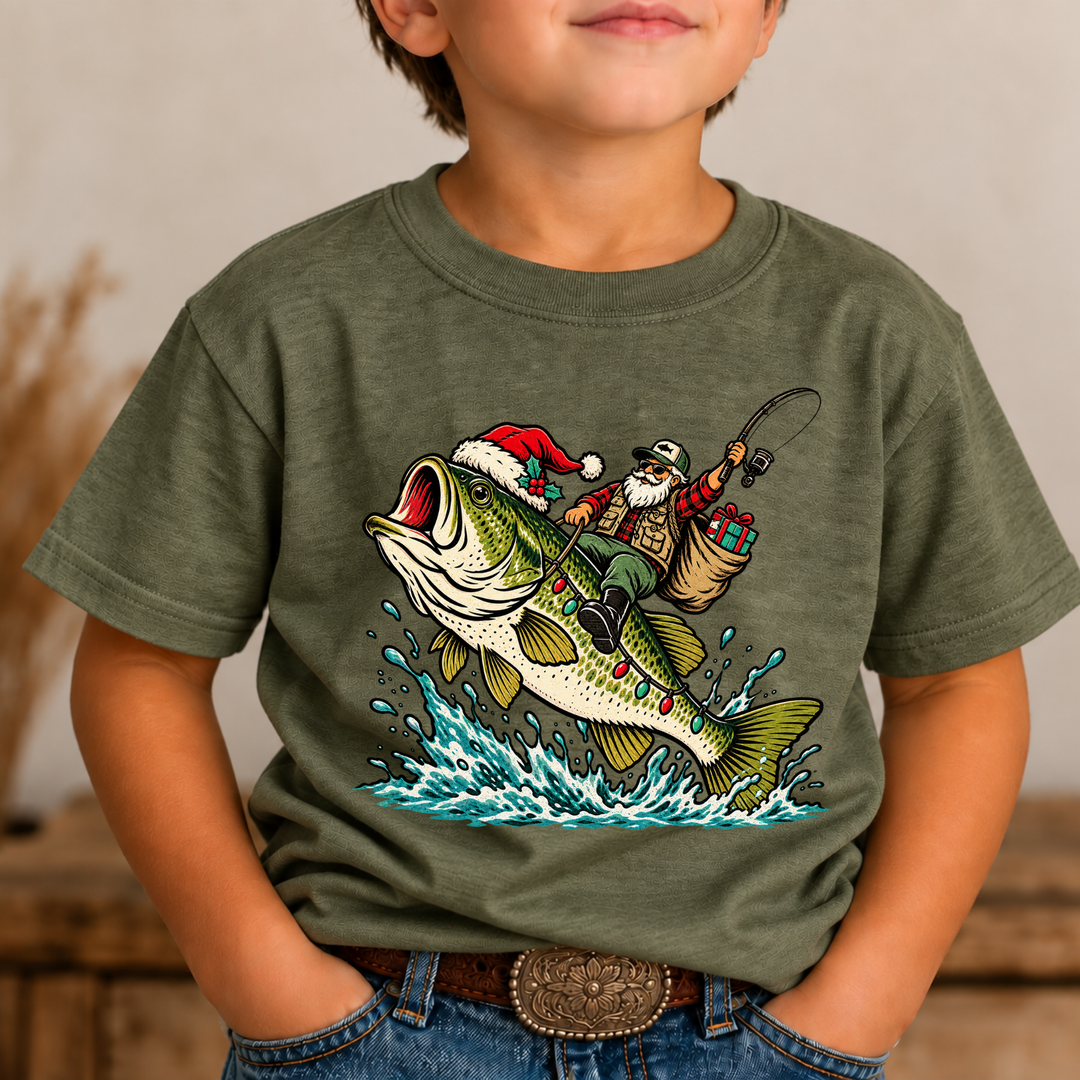 Boy Santa Bass Graphic Tee in Military Green