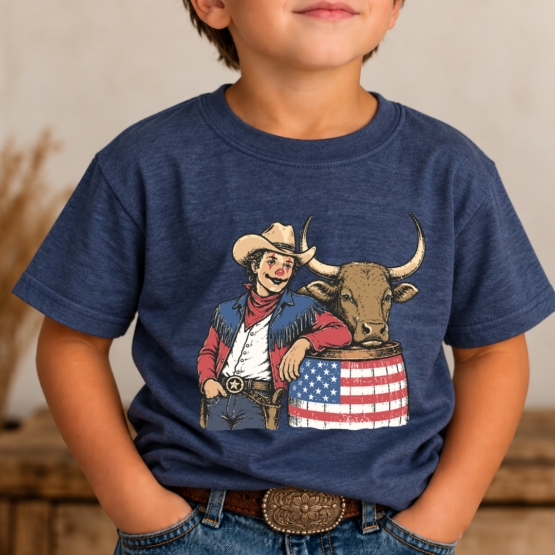 Rodeo Clown Boys heather navy graphic tee with a vintage cowboy and longhorn