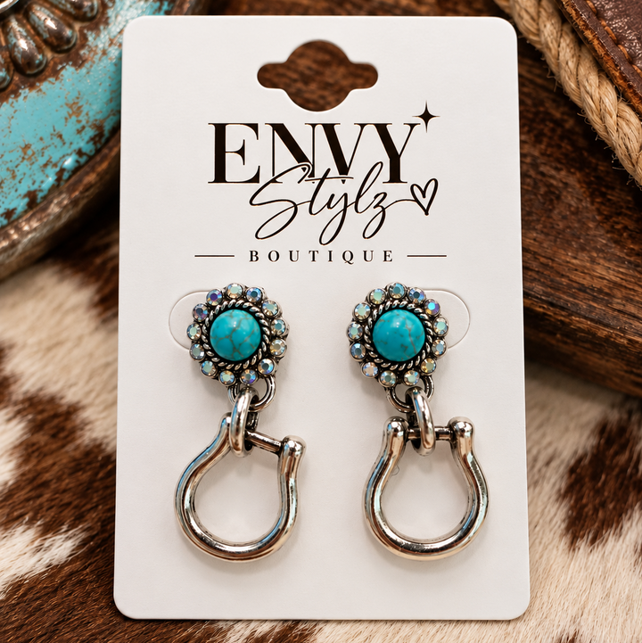 Turquoise Stirrup Earrings with turquoise stone studs and silver-tone stirrup dangles