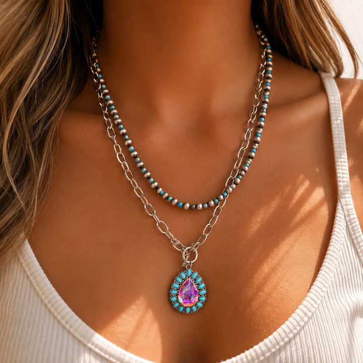 Turquoise Double Chain Rhinestone Pendant Necklace Envy Stylz Boutique